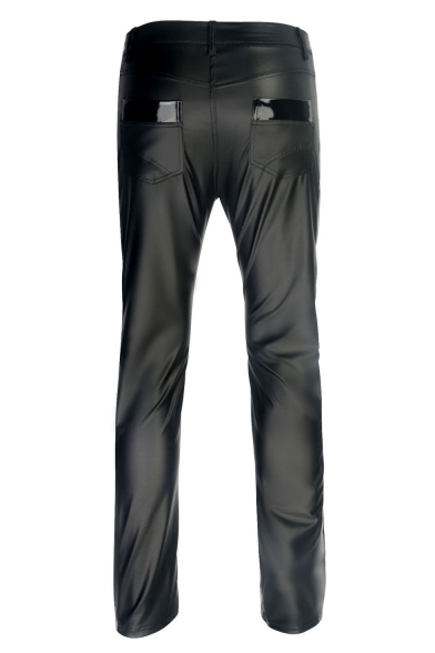 Men's Sexy Fashion Solid Color Patent Leather Patched Side Black Slim Fit Biker Pants