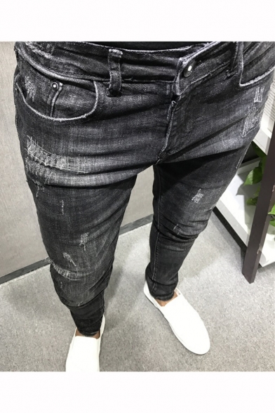 Men's Simple Fashion Solid Color Black Slim Fit Trendy Ripped Jeans
