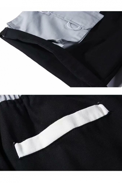 Men's Street Style Trendy Colorblock Flap Pocket Black Cotton Casual Loose Cargo Shorts