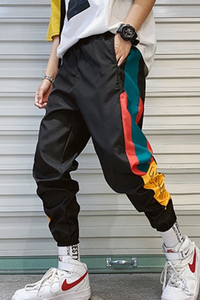 Men's Stylish Colorblock Letter Printed Drawstring Waist Hip Pop Style Casual Track Pants