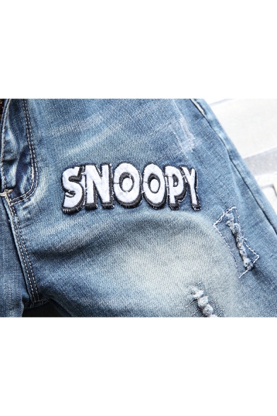 Men's Stylish Letter SNOOPY Spider Printed Zip-fly Blue Ripped Denim Shorts