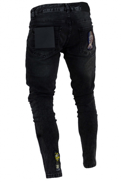 Men's Stylish Monkey Embroidery Patched Pleated Ripped Detail Zip Vent Black Skinny Jeans
