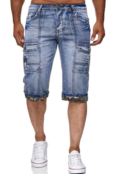Men's Summer Hot Fashion Vintage Washed Flap Pocket Camouflage Printed Rolled Cuffs Casual Denim Shorts
