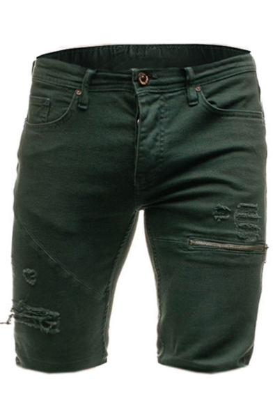 Men's Summer New Fashion Plain Washed Zip Embellished Frayed Ripped Denim Shorts