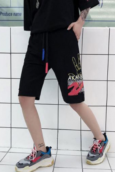 Men's Summer Trendy Letter Palm Printed Drawstring Waist Black Casual Sweat Shorts