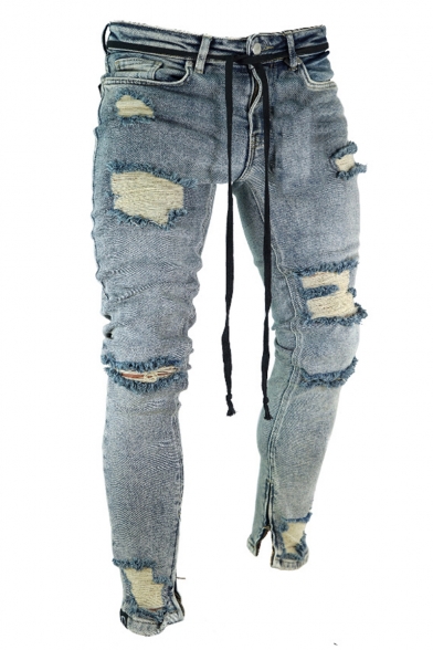 Men's Trendy Cool Knee Cut Vintage Washed Zip Cuffs Blue Ripped Biker Jeans