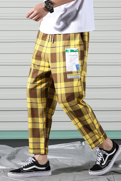 Men's Trendy Graphic Patchwork Plaid Pattern Drawstring Waist Casual Cotton Tapered Pants