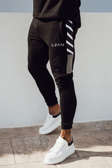 Men's Trendy Logo Pattern Diagonal Stripes Printed Side Casual Slim Fit Jogging Sweatpants
