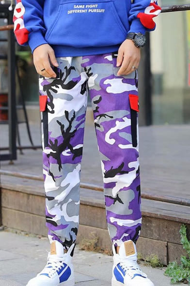 Men's Trendy Popular Camouflage Printed Flap Pocket Purple Cotton Casual Cargo Pants