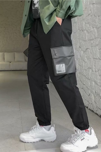 Men's Trendy Simple Plain Black Cotton Casual Drawstring Waist Cargo Pants with Side Flap Pocket