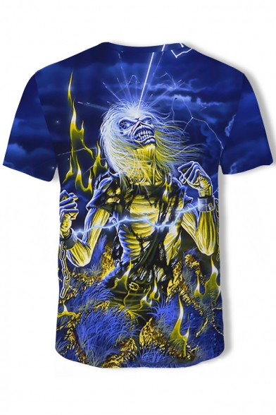 Mens Cool Heavy Metal Rock Style Skull Printed Round Neck Short Sleeve Blue T-Shirt
