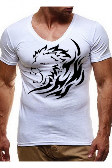 Mens Cool Lion Print V-Neck Short Sleeve Slim Fit T-Shirt