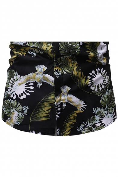 Mens Fashion Summer Green Leaf Printed Short Sleeve Button Front Slim Shirt