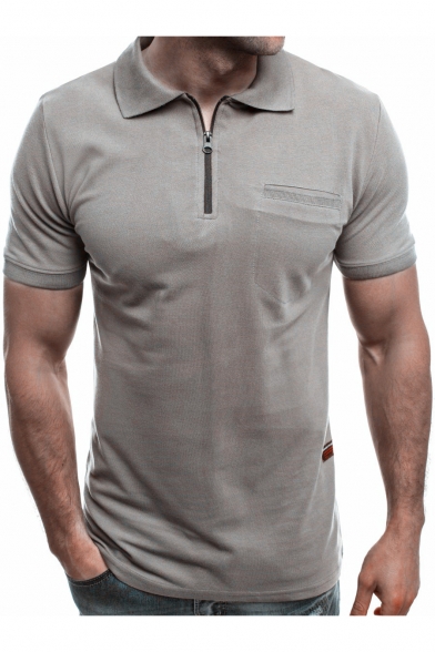 Mens Stylish Zipper Collar Short Sleeve Simple Plain Casual Fitted Polo Shirt