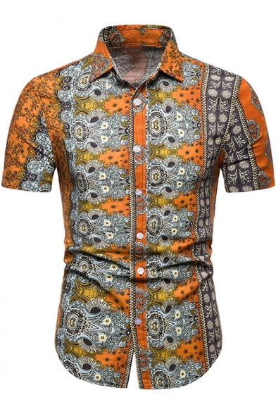 Mens Summer Fashion Ethnic Style Tribal Printed Short Sleeve Button Up Slim Shirt