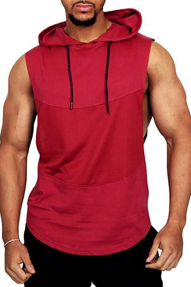 Mens Summer Hot Trendy Patched Plain Sleeveless Hooded Sport Tank Top