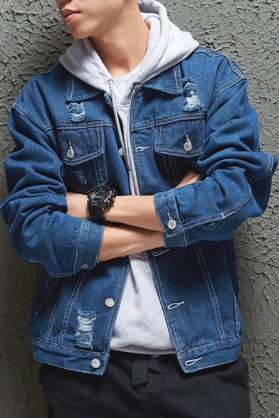 Mens Trendy Destroyed Ripped Long Sleeve Casual Leisure Button Down Denim Jacket