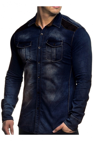 Mens Trendy Elbow Patched Long Sleeve Washed Blue Flap Pocket Front Slim Workwear Denim Jacket