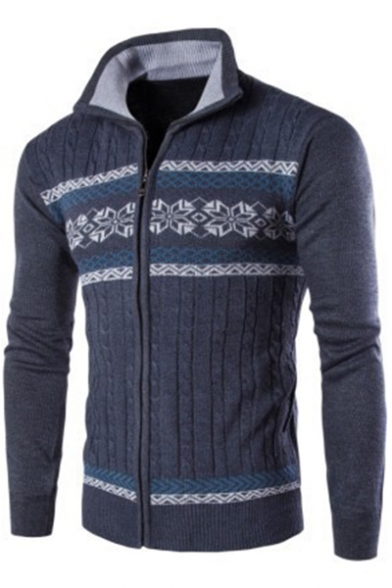 Mens Trendy Solid Color Stand Collar Long Sleeve Zip Up Cable Knit Fitted Cardigan Sweater