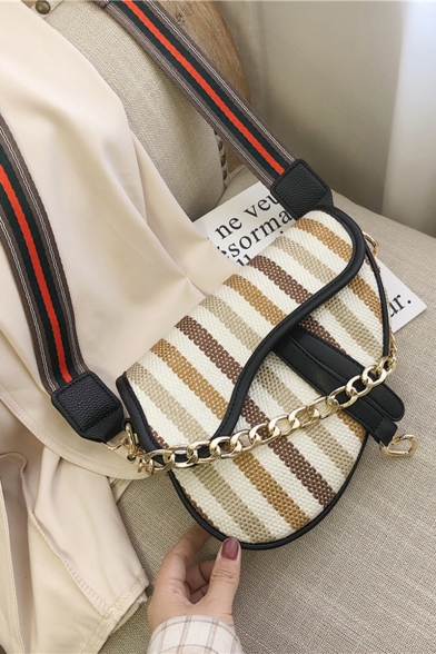 New Collection Fashion Colorblock Stripe Pattern Chain Handle Crossbody Saddle Bag 22*19*4 CM