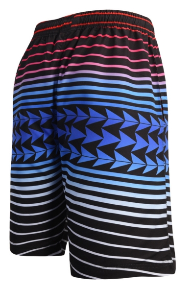 New Fashion Colorblocked Stripe Pattern Black Drawstring Waist Beach Shorts Swim Trunks for Men with Pockets and Mesh Lining