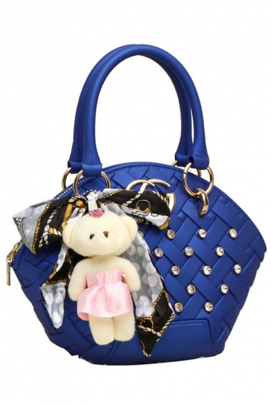 New Fashion Plain Woven Rhinestone Embellishment Silk Scarf Bear Pendant Satchel Handbag 13.5*9*17 CM