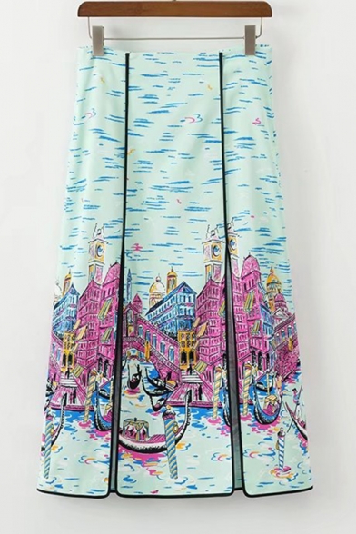New Trendy Summer Venice Oil Painting Print Double Slit Fancy Straight Midi Holiday Skirt