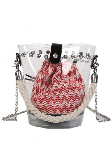 New Trendy Transparent Wavy Stripe Pattern Rivet Embellishment Summer Bucket Bag 14*14*19.5 CM