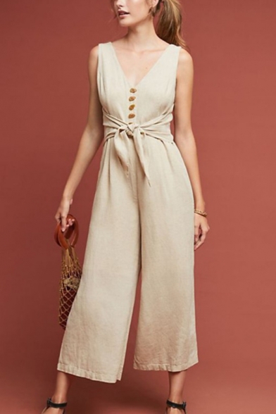 New Trendy Womens Apricot Plunge V-Neck Sleeveless Tie Waist Button Front Linen Casual Loose Wide-Leg Jumpsuits
