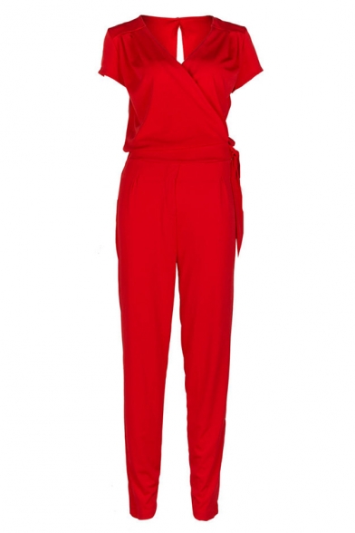 New Trendy Womens Red Plunge V-Neck Short Sleeve Tie-Side Cutout Back Fitted Jumpsuits