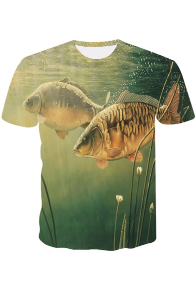 Popular 3D Fish Printed Round Neck Short Sleeve Regular Fit T-Shirt