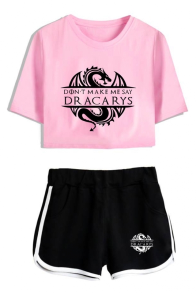 Popular DRACARYS Logo Print Short Sleeve Crop Tee with Casual Dolphin Shorts Two-Piece Set