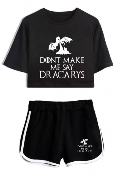Popular DRACARYS Logo Print Short Sleeve Crop Tee with Casual Dolphin Shorts Two-Piece Set