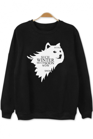 Popular WINTER Wolf Head Pattern Crewneck Long Sleeve Black Sweatshirt