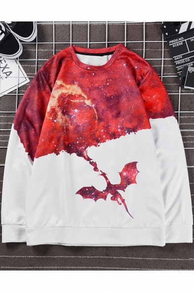 Red Fire Dragon Pattern Basic Round Neck Long Sleeve Pullover Sweatshirt
