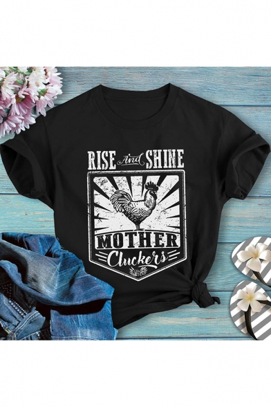 Rise And Shine Mother Clucker Popular Letter Print Short Sleeve Black Graphic Tee