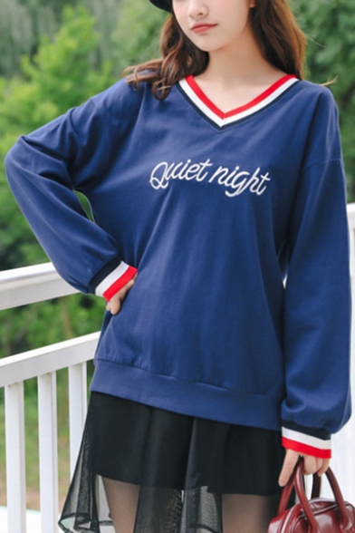 Simple Letter QUIET NIGHT Embroidery Striped V-Neck Long Sleeve Cotton Sweatshirt