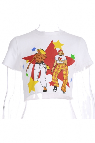 Street Fashion Funny Star Cartoon Disco Girl Print Short Sleeve Round Neck White Crop Tee