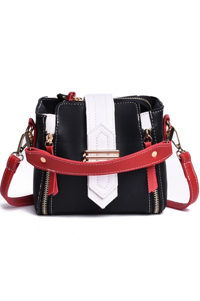 Stylish Color Block PU Leather Double Zipper Side Belt Buckle Crossbody Bucket Bag 17*15*11 CM