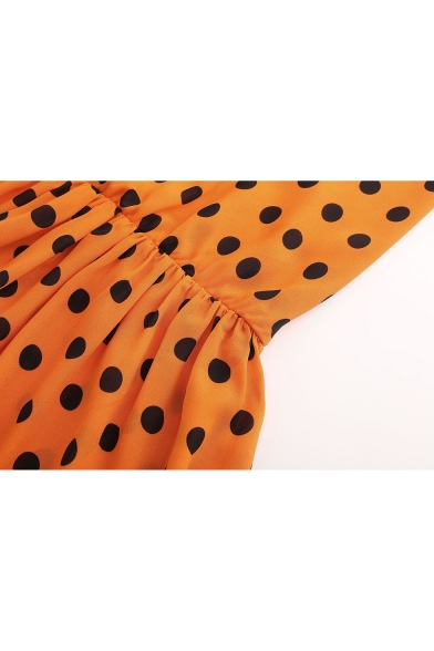 Stylish Orange V Neck Polka Dot Printed Crisscross Straps Back Sleeveless Sweet Casual Romper
