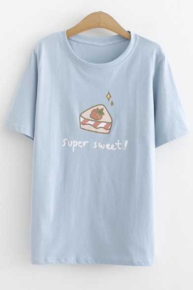 Summer Cartoon Letter SUPER SWEET Strawberry Print Short Sleeve Casual Loose T-Shirt