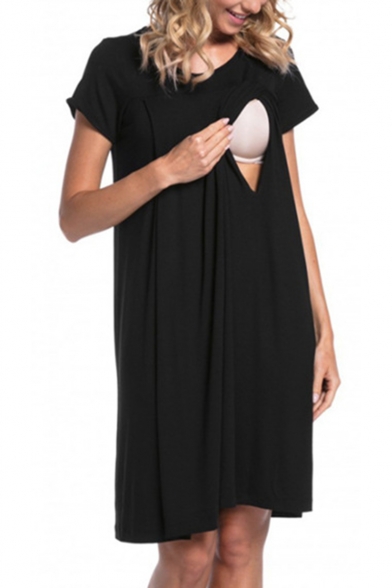 Summer Fashion Plain Short Sleeve Button Back Functional  Loose Midi Maternity Nursing Dress for Breastfeeding Mothers