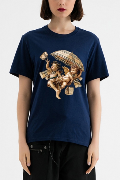 Summer Funny Cute Umbrella Angel Baby Printed Cotton Loose Straight T-Shirt