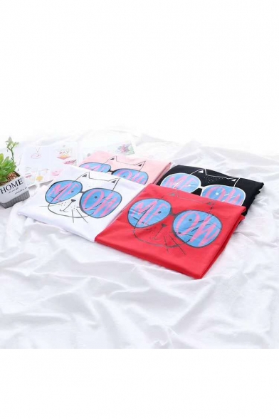 Summer Girls Cute MEOW Glasses Cat Print Short Sleeve Round Neck Casual Tee