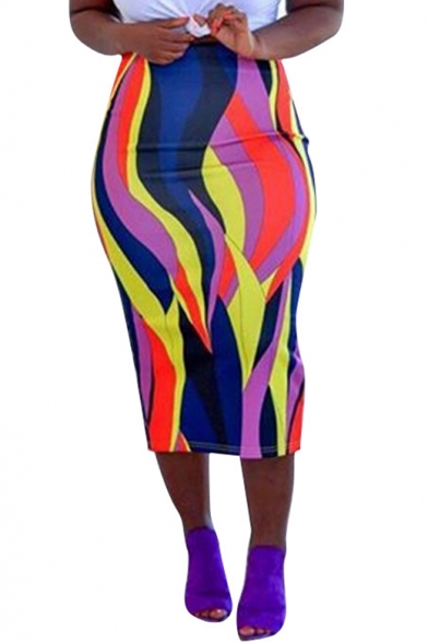 Summer Girls New stylish Colorful Stripe Print Midi Bodycon Skirt