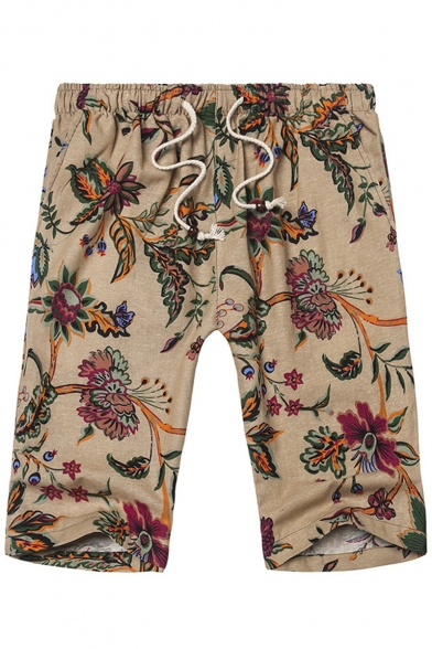 Summer Hawaii Tropical Printed Drawstring Waist Men's Beach Shorts Swim Trunks