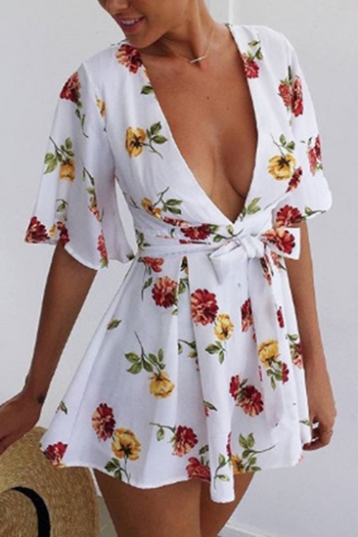 Summer Holiday Fashion V-Neck Flare Sleeves Tie Waist Zip-Back Polyester Chic Rompers