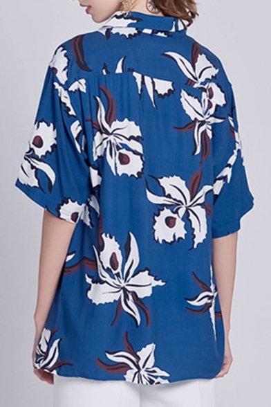 Summer Hot Fashion Fancy Blue Floral Print Button Down Short Sleeve Oversize Casual Loose Shirts
