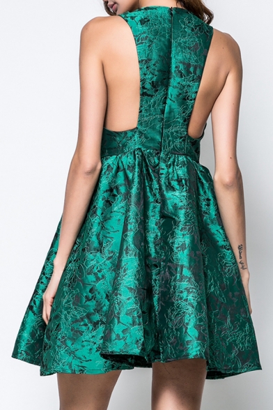 Summer Hot Fashion Green Sleeveless High Waist Zip-Back Jacquard Tank Dress