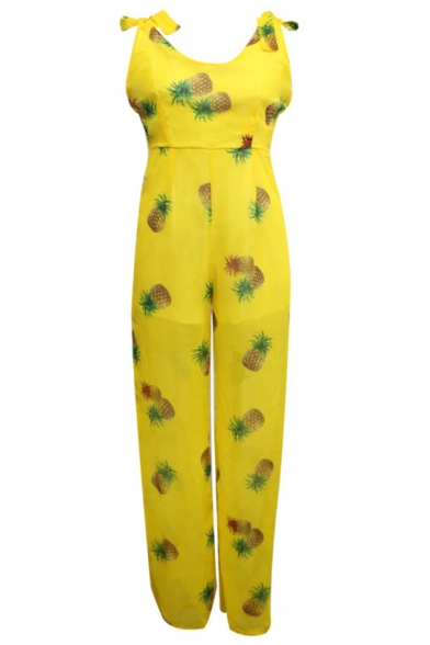 Summer Hot Fashion Pineapple Print Scoop Neck Sleeveless Backless Wide-Leg Jumpsuit for Women